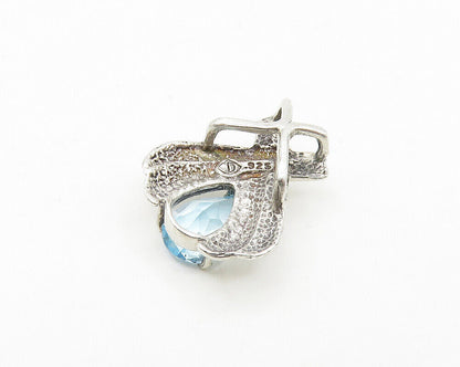 925 Sterling Silver  Tear Drop Blue Topaz Shiny Ribbon Pendant  PT13880