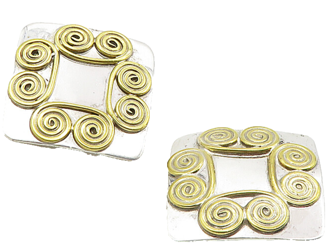MEXICO 925 Silver  Vintage Shiny Two Tone Swirl Non Pierce Earrings  EG4985