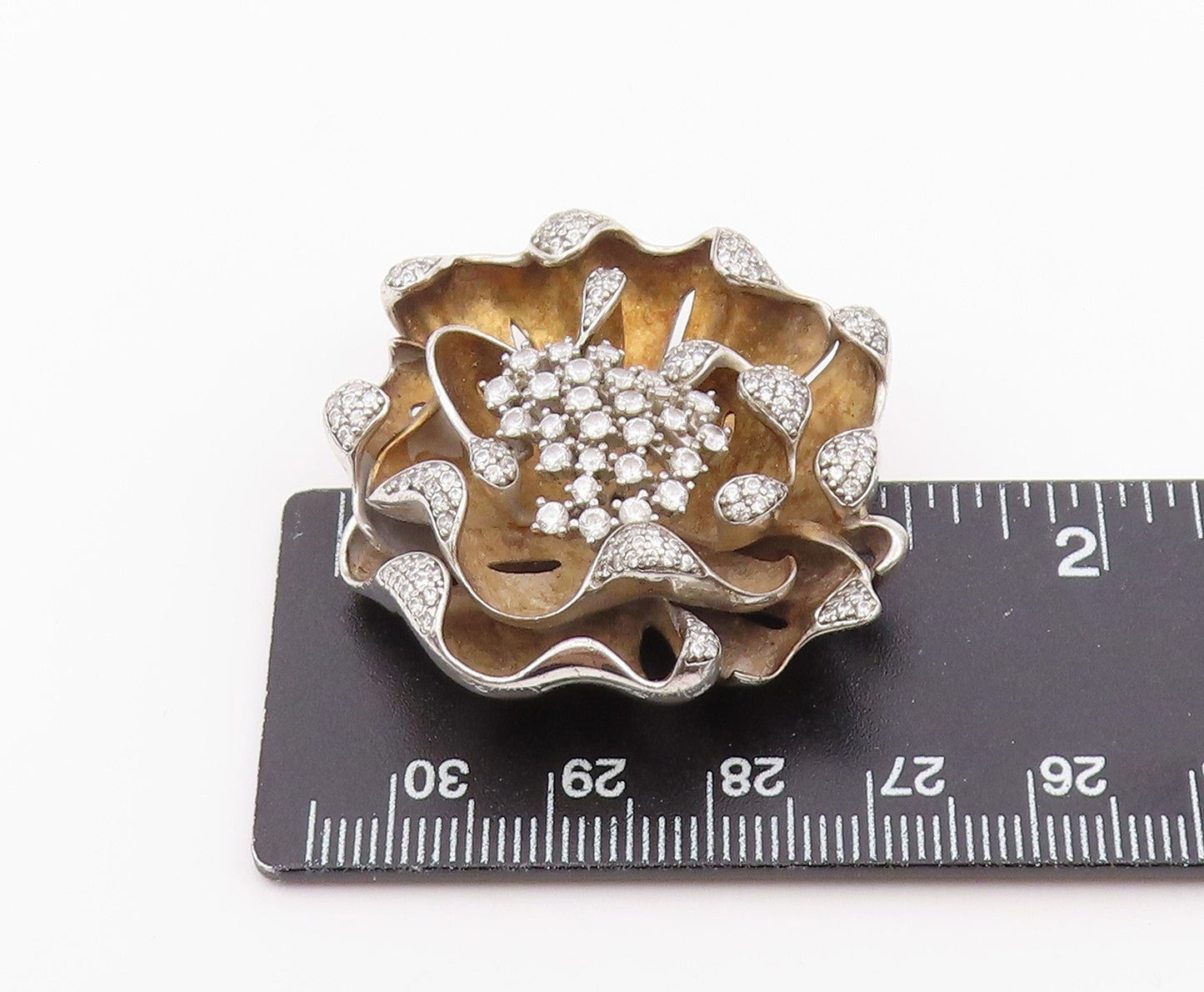 925 Sterling Silver Vintage Pendant Classic CZ Gilded Petals Blossom  PT26411