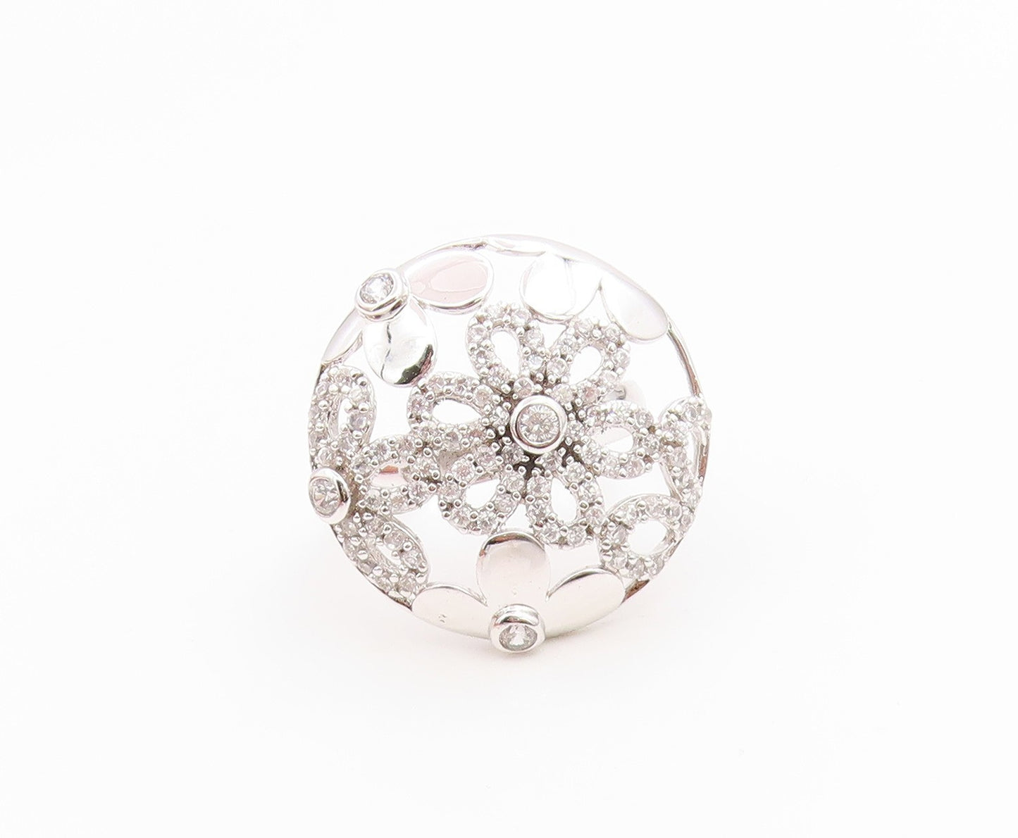 925 Sterling Silver Vintage Ring CZ Openwork Floral Blossom Band  Sz 7  RG36241