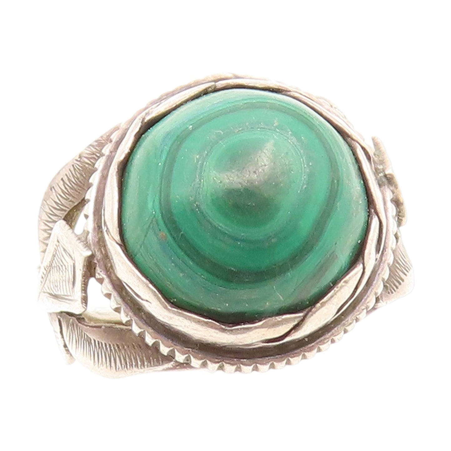 925 Sterling Silver Vintage Ring Cabochon Malachite Feather Motif  Sz 5  RG35172