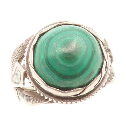 925 Sterling Silver Vintage Ring Cabochon Malachite Feather Motif  Sz 5  RG35172