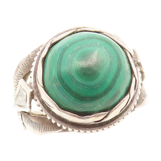 925 Sterling Silver Vintage Ring Cabochon Malachite Feather Motif  Sz 5  RG35172