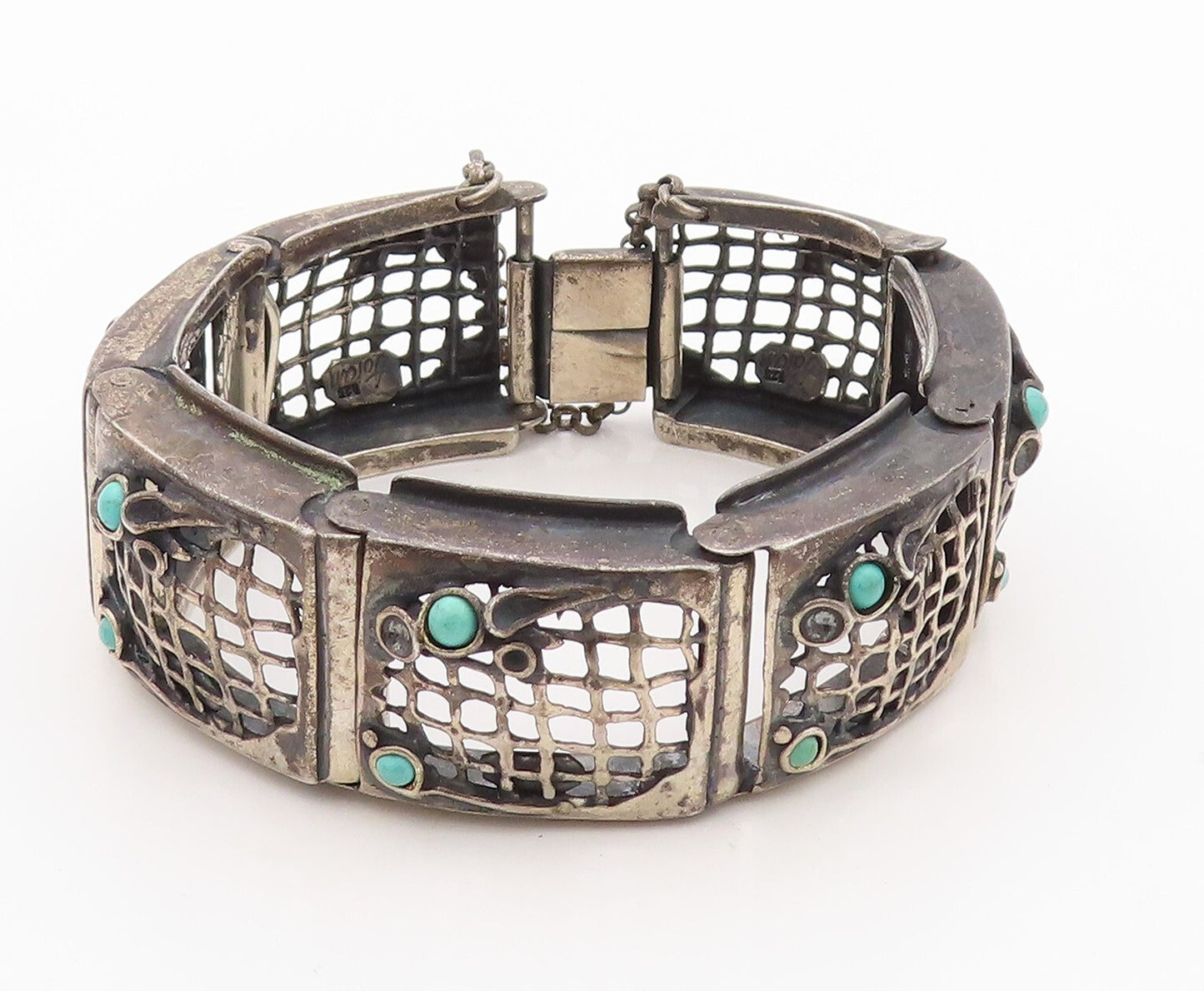 925 Sterling Silver Vintage Bracelet AMIR PORAN Net Cutout Turquoise  BT10831