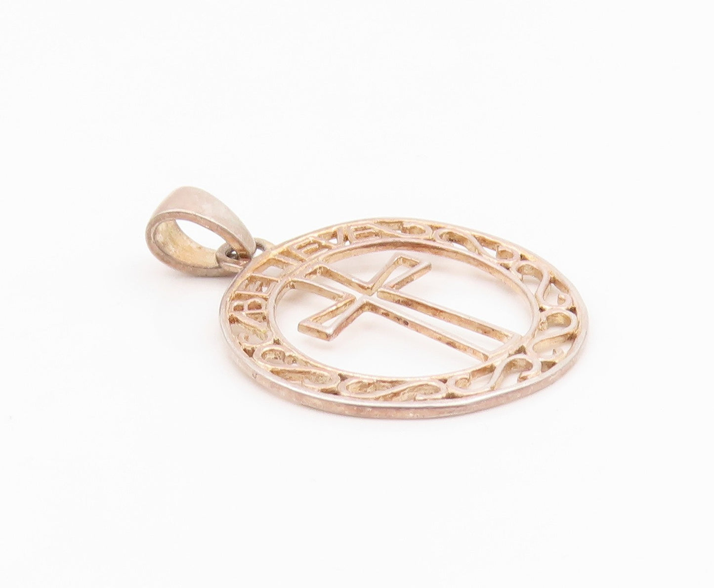 925 Sterling Silver Vintage Pendant Swirly Bordered Religious Cross  PT24282