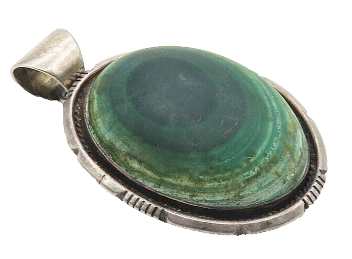 JAKE SAMPSON NAVAJO 925 Silver  Vintage Cabochon Cut Malachite Pendant  PT7864