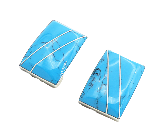 MEXICO 925 Sterling Silver Vintage Turquoise Striped Drop Earrings  EG4416