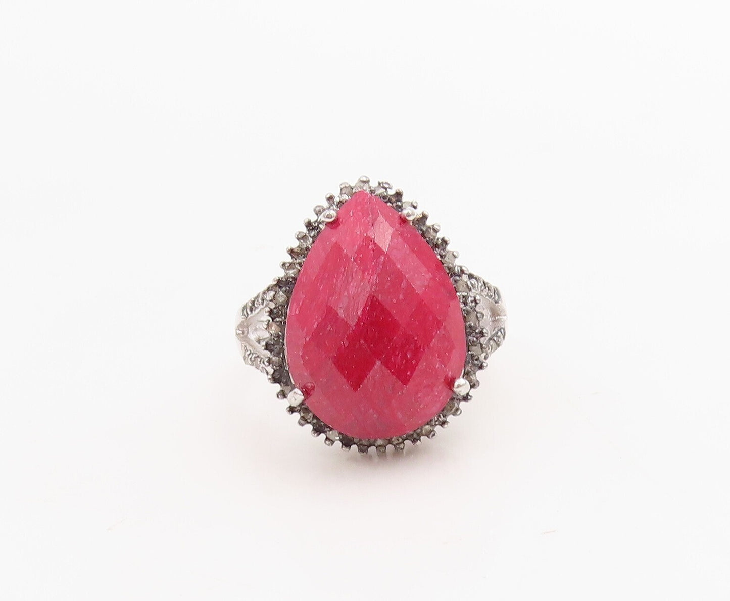 925 Sterling Silver Vintage Ring Drop Cut Red Gemstone Halo Topaz Sz 8  RG30969