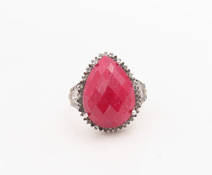 925 Sterling Silver Vintage Ring Drop Cut Red Gemstone Halo Topaz Sz 8  RG30969