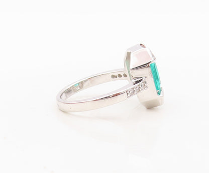925 Sterling Silver Vintage Ring Rectangle Sea Green & White CZ  Sz 7 RG30448