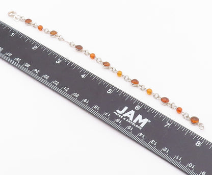 925 Sterling Silver  Vintage Cabochon Cut Amber Round Chain Bracelet  BT6849