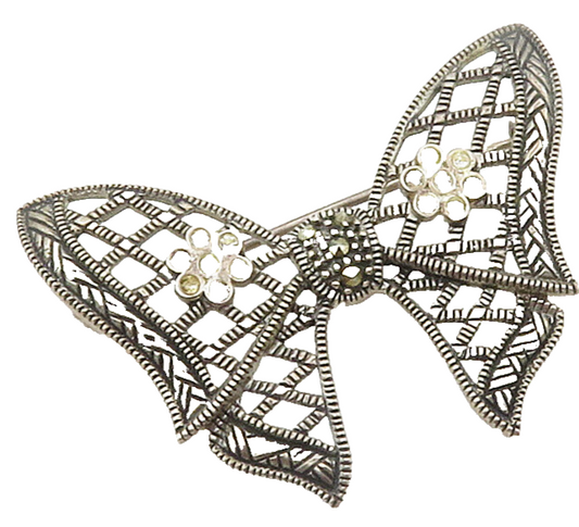 925 Sterling Silver  Vintage Topaz & Marcasite Floral Bow Brooch Pin  BP6037