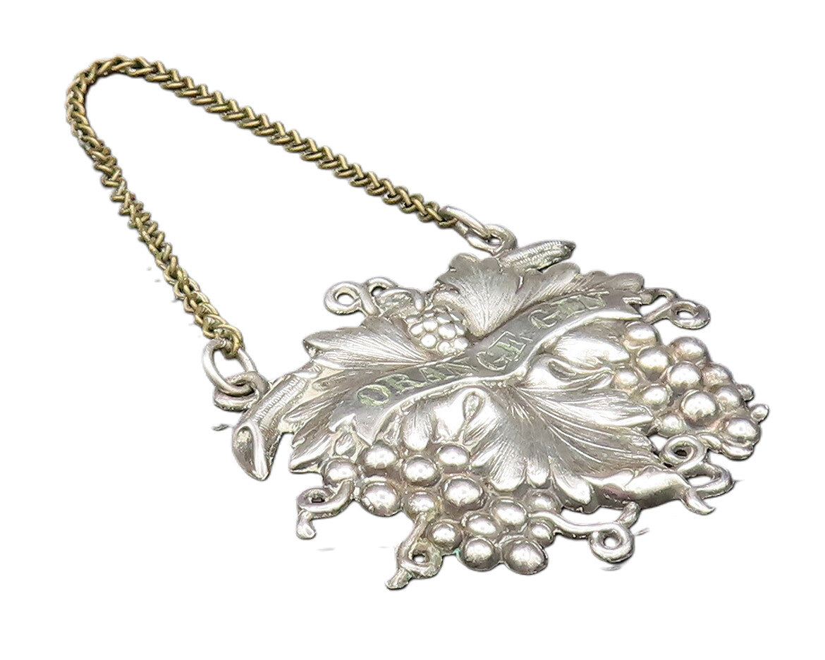 925 Sterling Silver  Vintage Grape Cluster & Leaf Orange Gin Liquor Tag TR3350