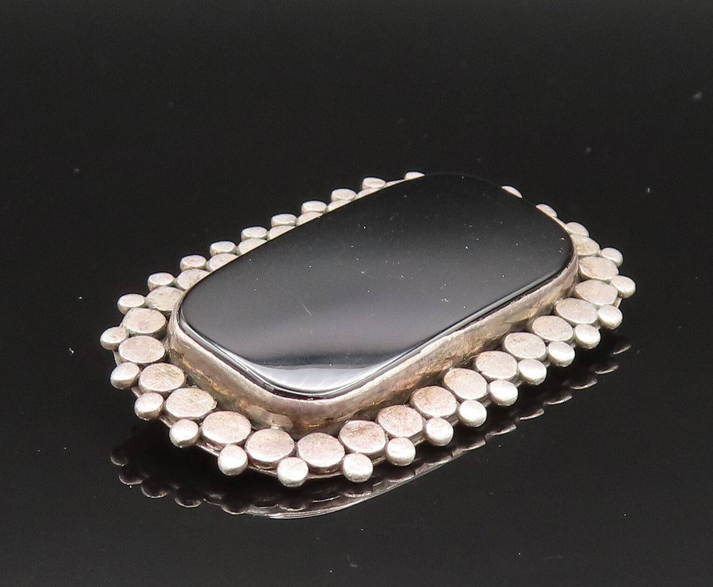 925 Sterling Silver Vintage Dotted Edge Rectangle Black Onyx Brooch Pin BP9649
