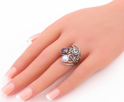 925 Sterling Silver Vintage Ring OR PAZ ISRAEL Pearl Amethyst Sz 5.5  RG32413