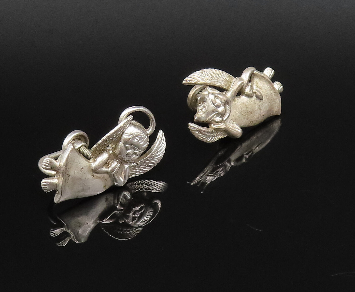 925 Sterling Silver Vintage Praying Angel Evil Devil Screw Back Earrings EG12160