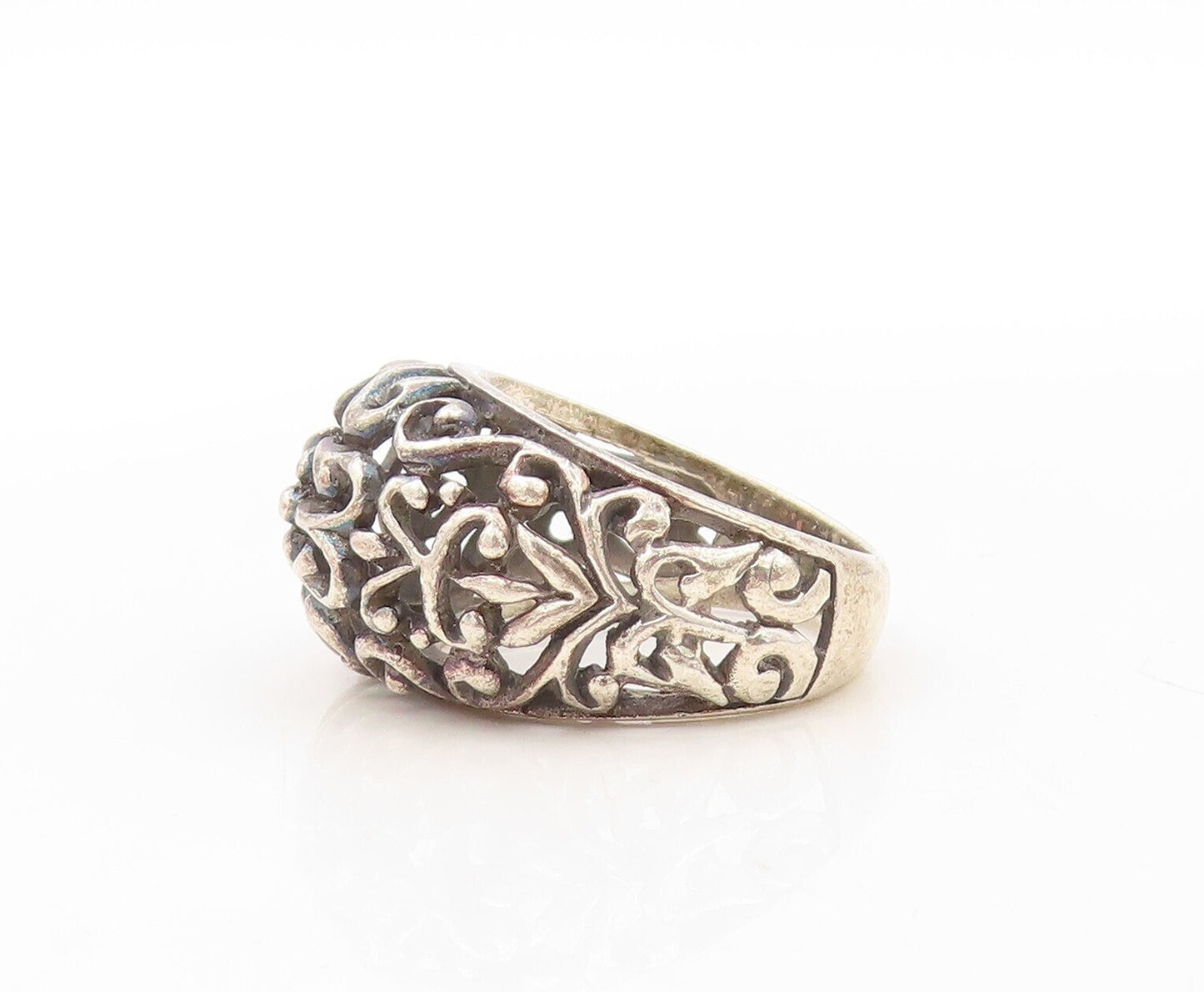 925 Sterling Silver Vintage Ring Dark Tone Swirly Floral Cutout  Sz 7.5  RG31101