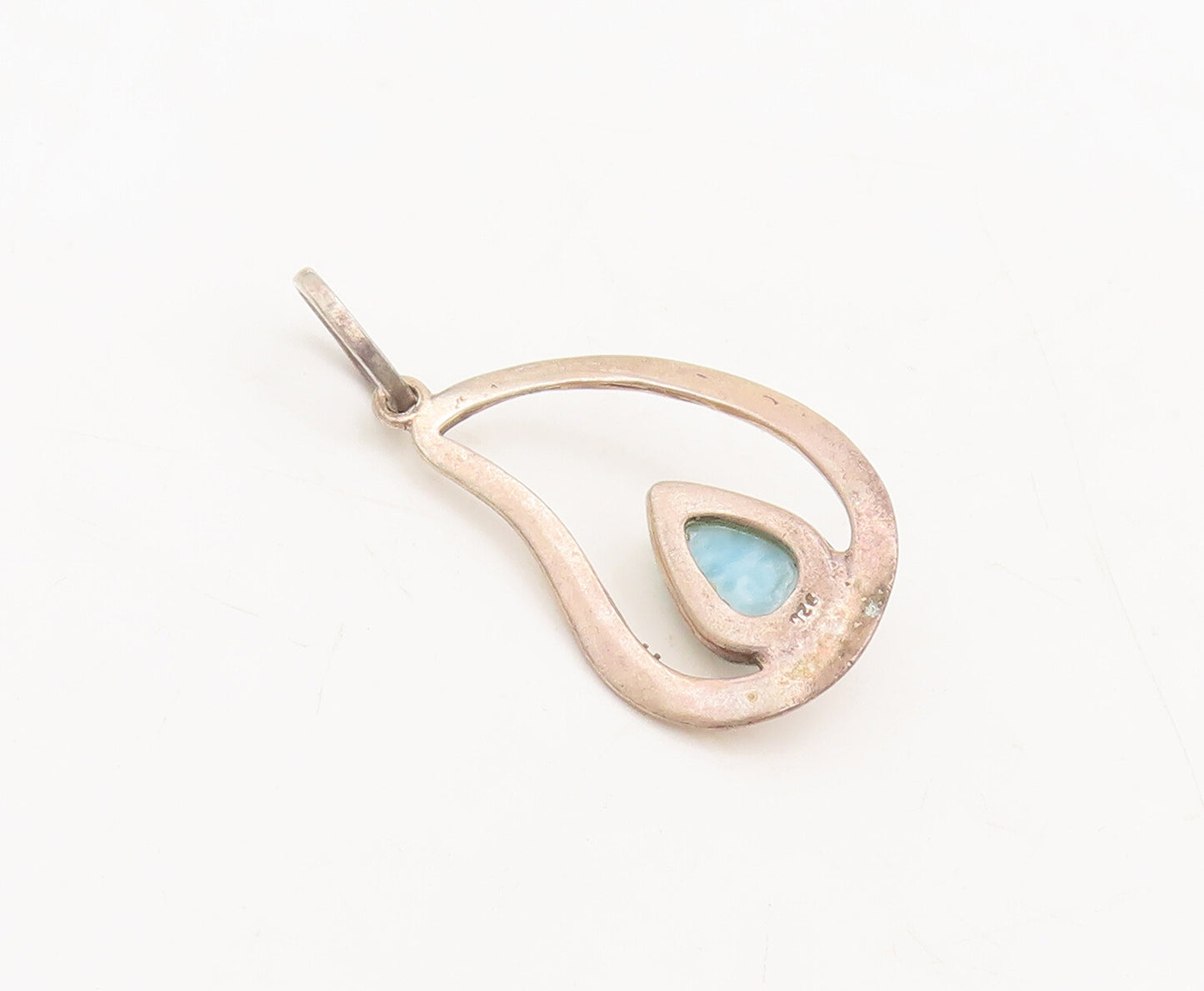 925 Sterling Silver Vintage Pendant Water Drop Shape Cutout Larimar PT22615