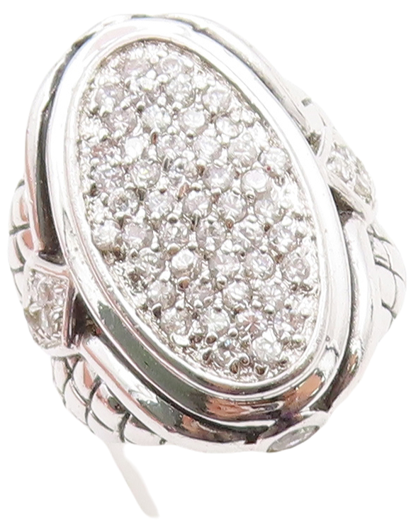 925 Sterling Silver Vintage Ring Net Design Etched Oval CZ Inlay  Sz 6  RG31320