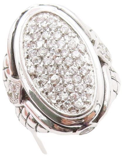 925 Sterling Silver Vintage Ring Net Design Etched Oval CZ Inlay  Sz 6  RG31320