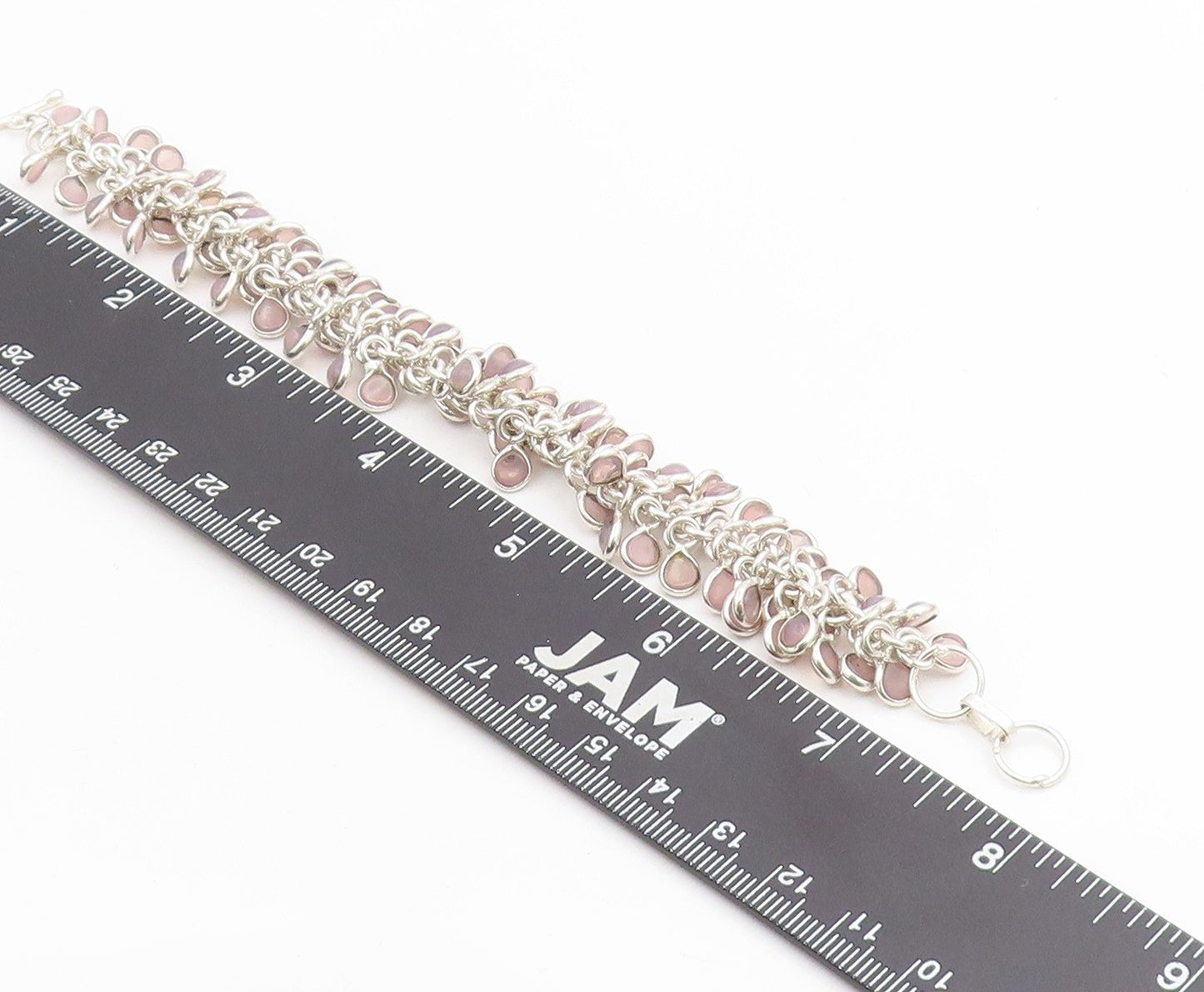 925 Sterling Silver Vintage Bracelet Modernist Rose Quartz Cluster Link  BT11936