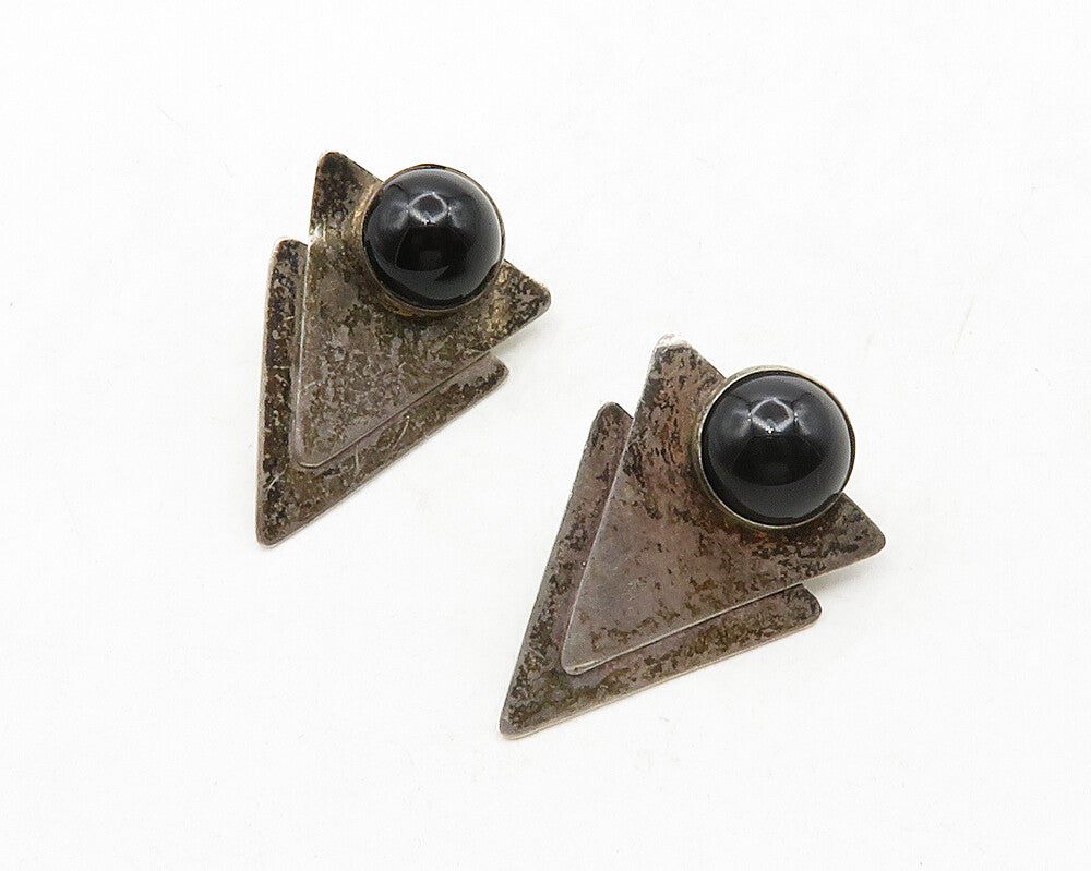 925 Sterling Silver  Vintage Cabochon Cut Black Onyx Drop Earrings  EG6639