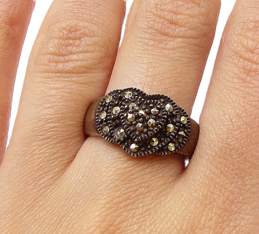 925 Sterling Silver  Vintage Marcasite Love Heart Band Ring Sz 9  RG3273