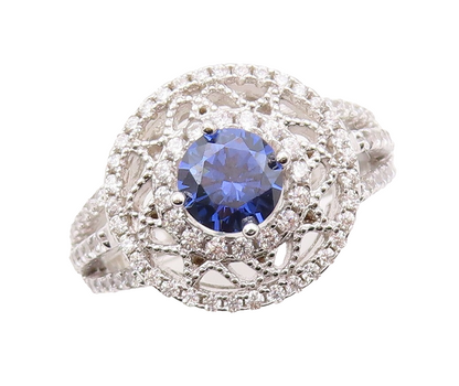 925 Sterling Silver Vintage Ring Round Cut Sapphire Star Cut CZ  Sz 7 RG30838