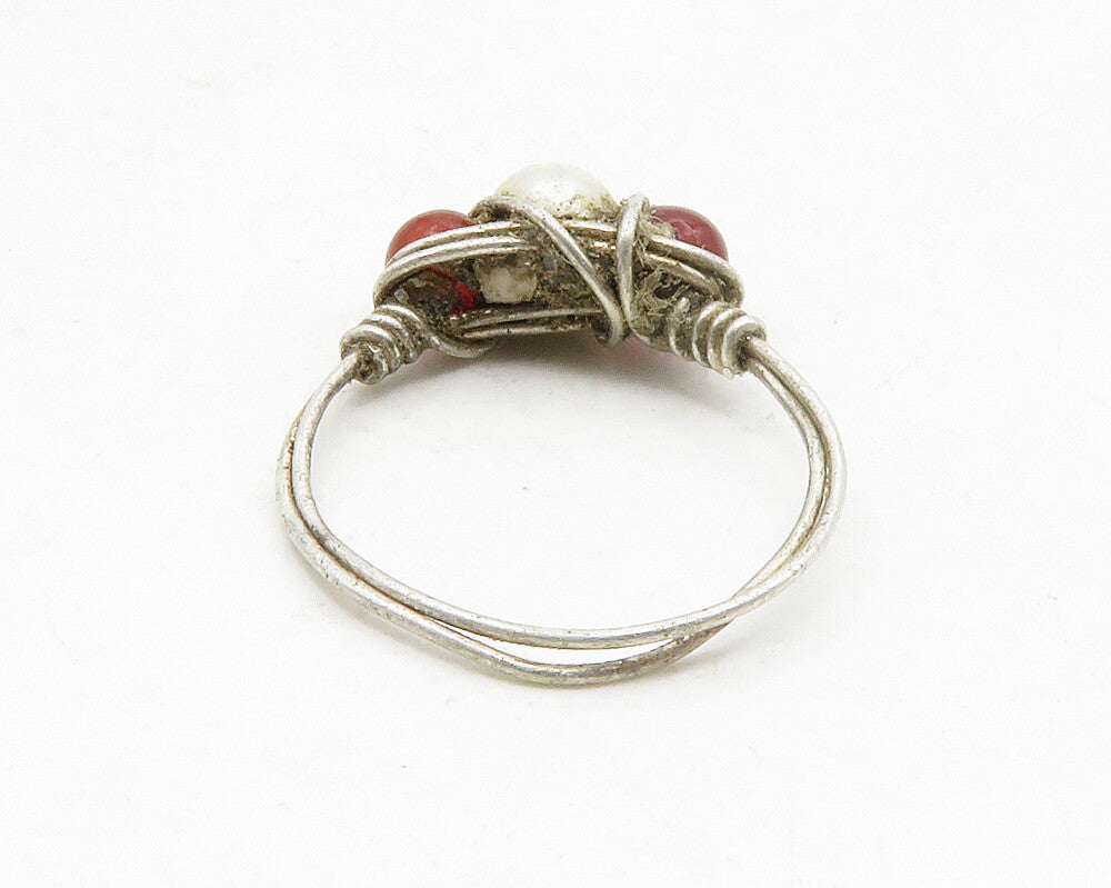 925 Silver  Vintage Pearl & Red Topaz Modernist Band Ring Sz 6.5  RG13667