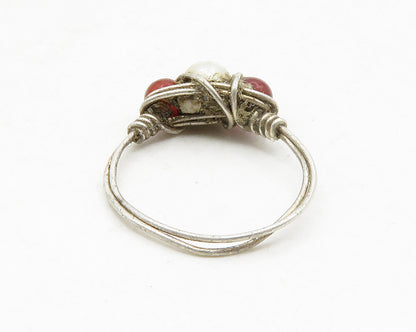 925 Silver  Vintage Pearl & Red Topaz Modernist Band Ring Sz 6.5  RG13667