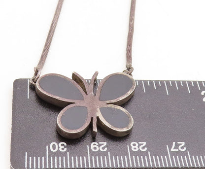 925 Silver Vintage Inlaid Black Onyx Butterfly Oxidized Chain Necklace NE1358
