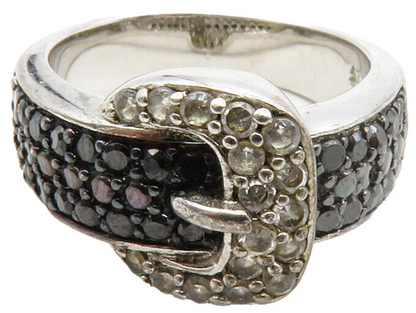 925 Sterling Silver  Black Hematite & Topaz Belt Buckle Band Ring Sz 6 RG12959