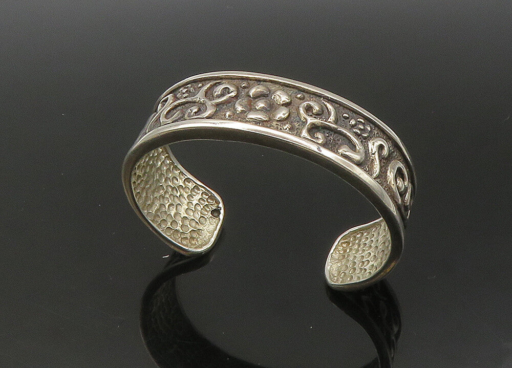 925 Sterling Silver  Vintage Shiny Floral Swirl Pattern Cuff Bracelet  BT8721