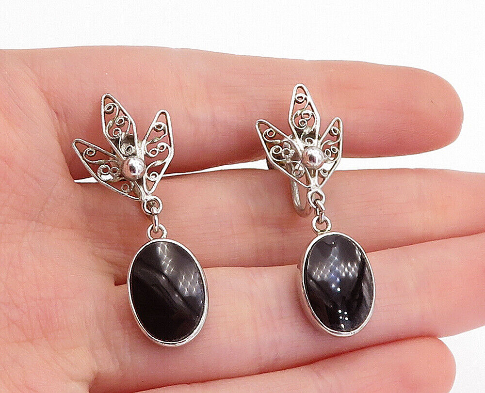 CARL ART 925 Silver  Vintage Black Onyx Floral Non Pierce Earrings  EG2589