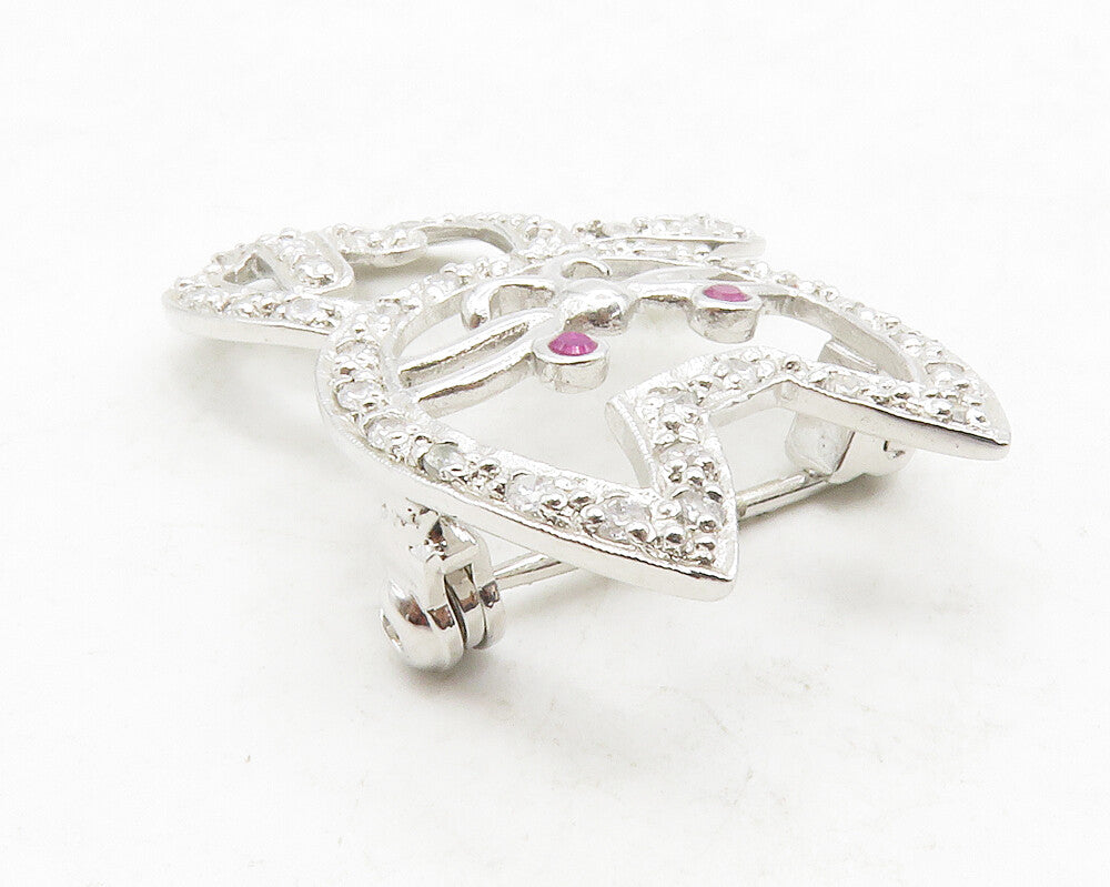 925 Sterling Silver  Shiny Pink & White Topaz Sitting Cat Brooch Pin  BP4901