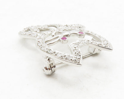 925 Sterling Silver  Shiny Pink & White Topaz Sitting Cat Brooch Pin  BP4901
