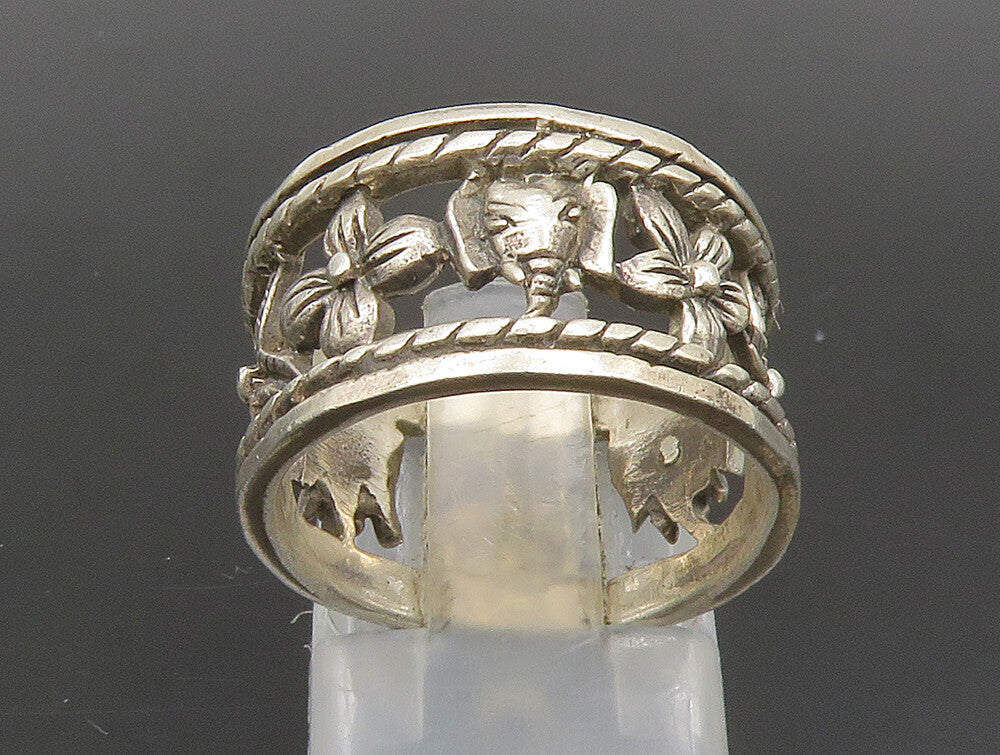 925 Silver  Vintage Flowers & Elephant Cut Out Band Ring Sz 6.5  RG24370