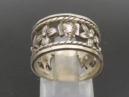 925 Silver  Vintage Flowers & Elephant Cut Out Band Ring Sz 6.5  RG24370
