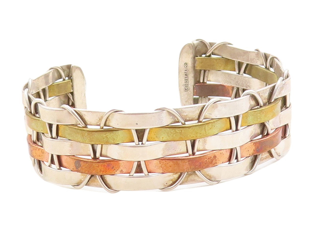 MEXICO 925 Sterling Silver  Vintage Shiny Three Tone Cuff Bracelet  BT1957