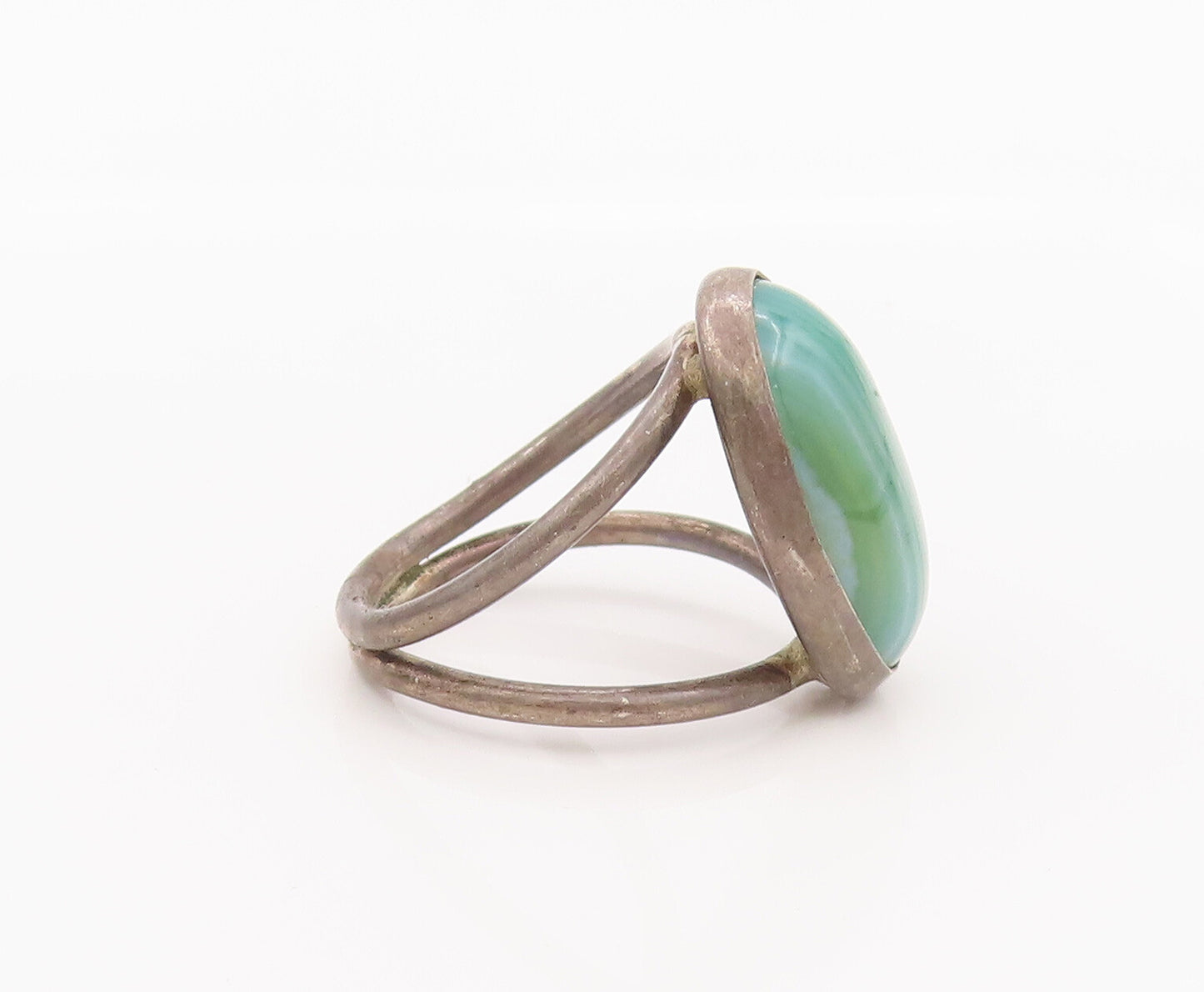 925 Sterling Silver Vintage Cabochon Oval Moss Agate Split Band Sz 5.5  RG27622