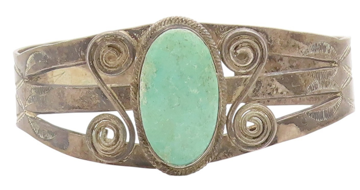 925 Sterling Silver Vintage Bracelet SOUTHWESTERN Green Turquoise Cuff BT11794