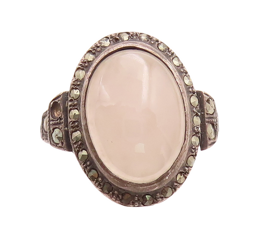 925 Sterling Silver Vintage Ring Antique Gemstone Halo Marcasite  Sz 4.5 RG31616