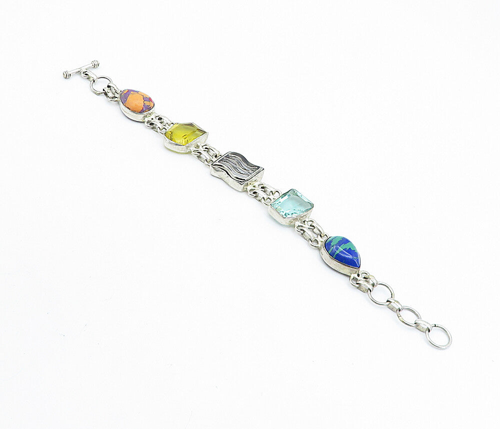 925 Sterling Silver  Vintage Azurite Turquoise & Topaz Chain Bracelet  BT3157