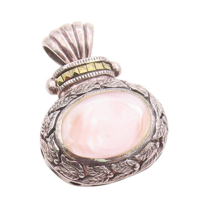 925 Sterling Silver Vintage Pendant Mother Of Pearl Etched Floral Design PT24869