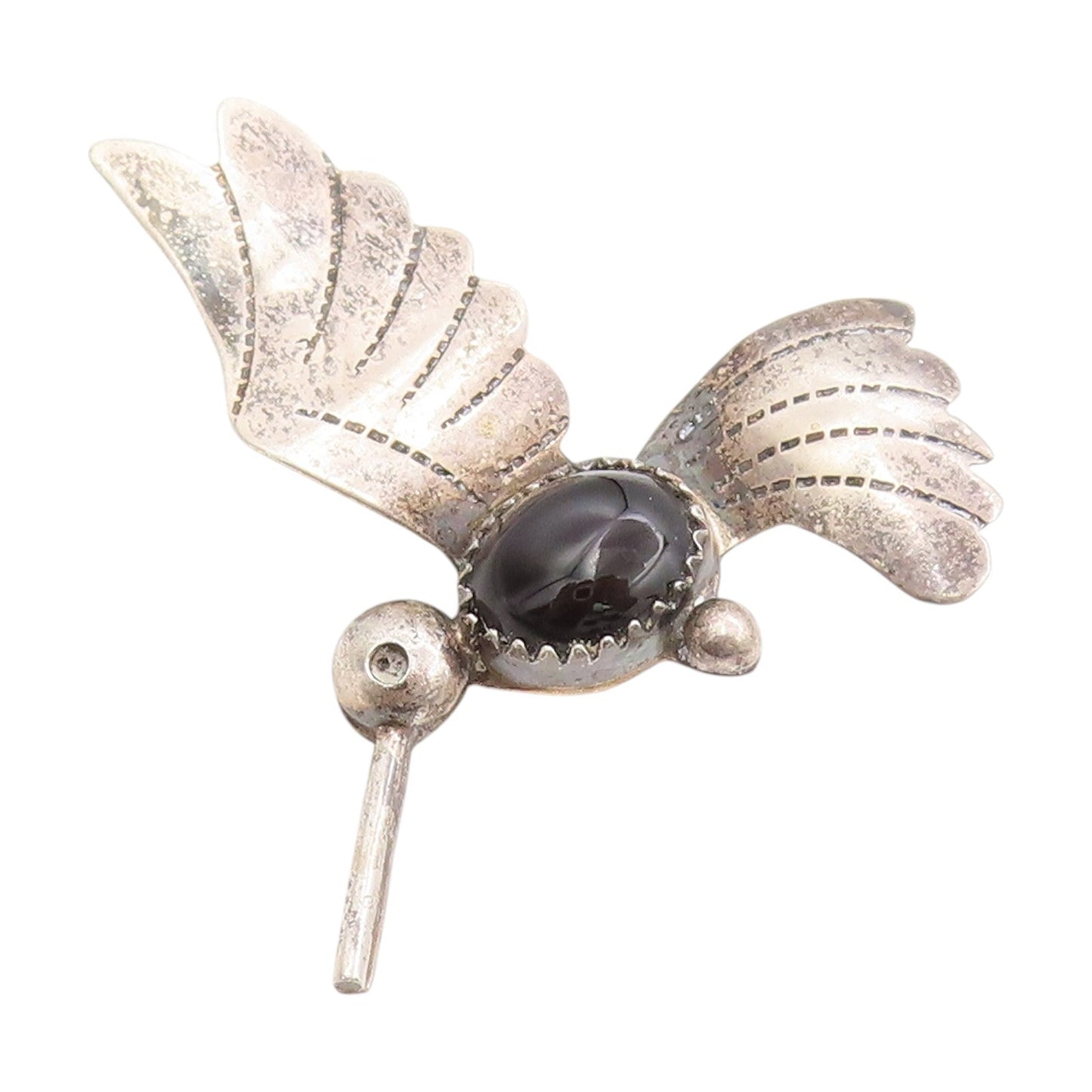 925 Sterling Silver Vintage Brooch NAVAJO Onyx Etched Humming Bird Pin   BP11870