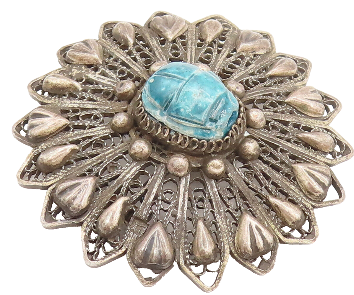 MIDDLE EAST 925 Silver  Vintage Carved Scarab Floral Brooch Pin  BP10307