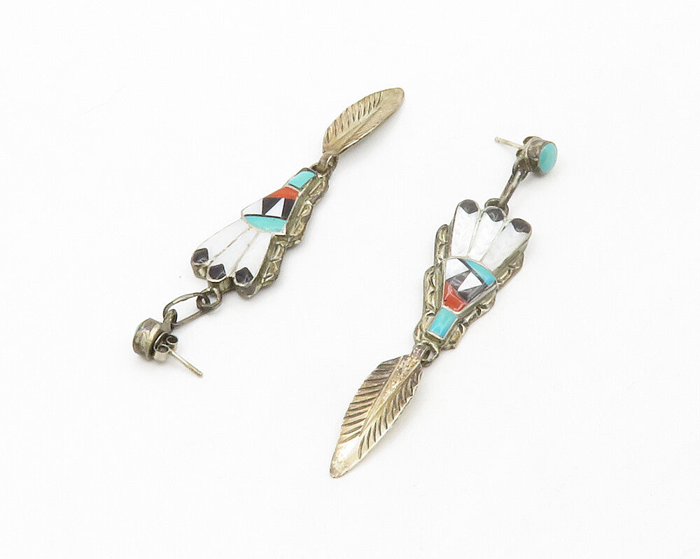 ZUNI 925 Silver Vintage Mother Of Pearl & Multi Stone Feather Earrings EG7060