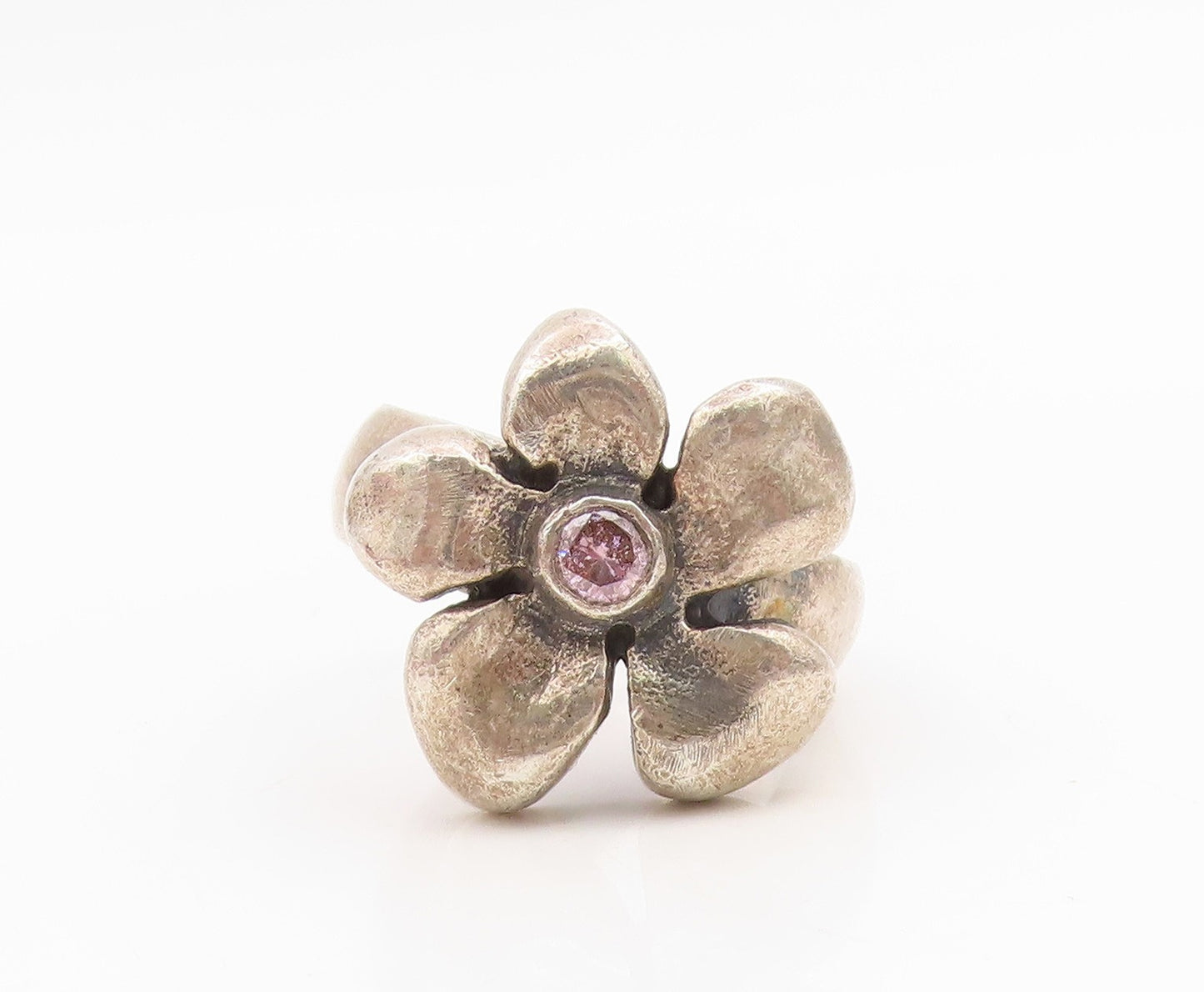 925 Sterling Silver Vintage Ring Pink Topaz Floral Blossom Band  Sz 7  RG34877