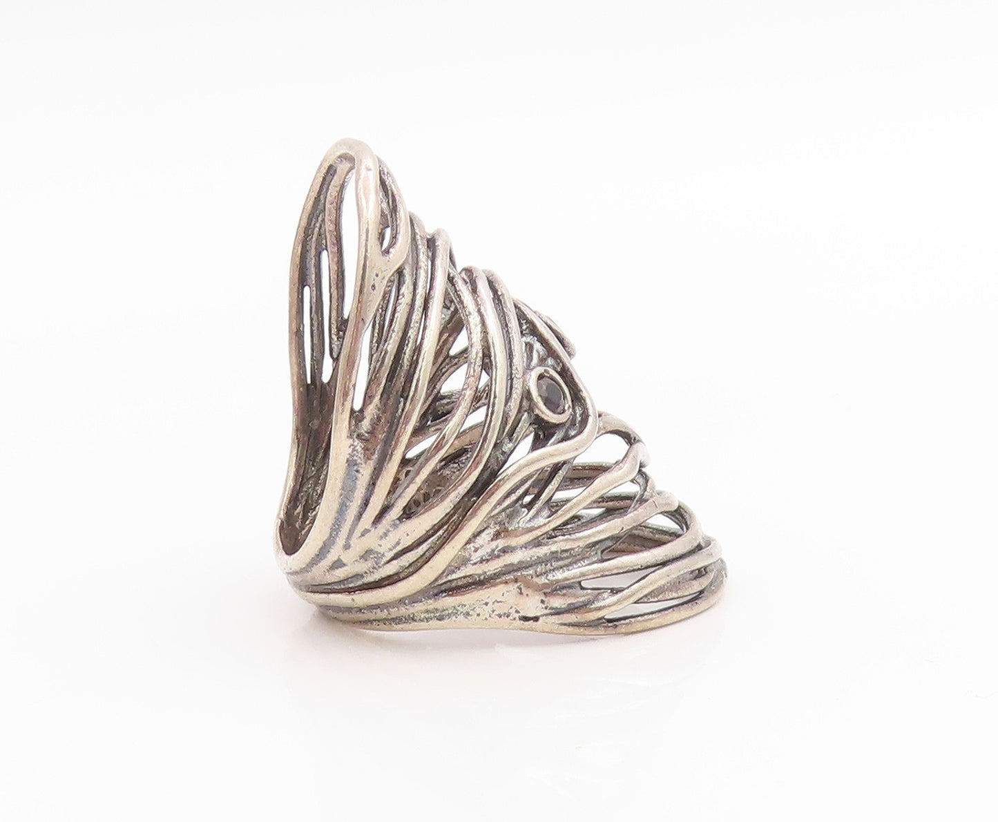 925 Sterling Silver Vintage Ring ISRAEL Spinel Brutalist Band  Sz 7.5  RG35840