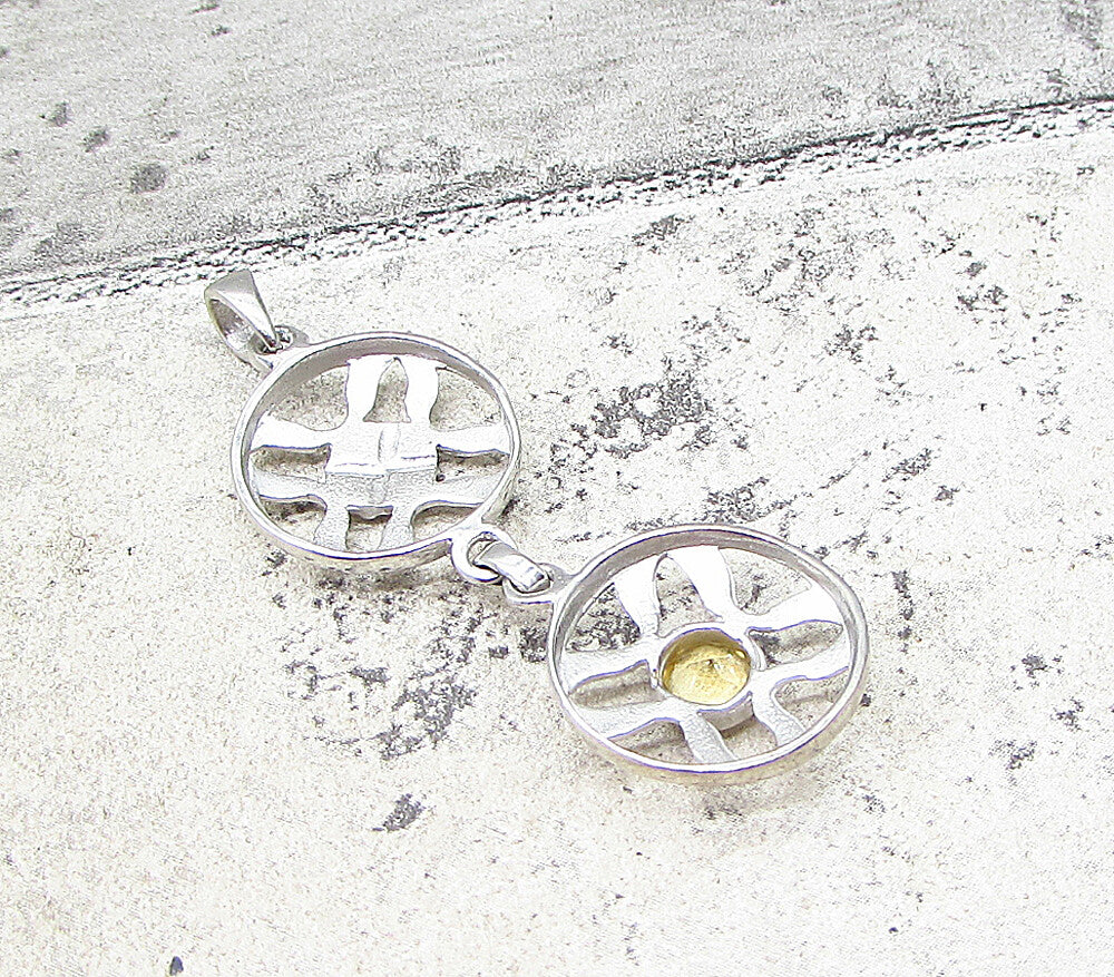 925 Sterling Silver  Faceted Citrine Linked Cross Wheels Drop Pendant  PT1530